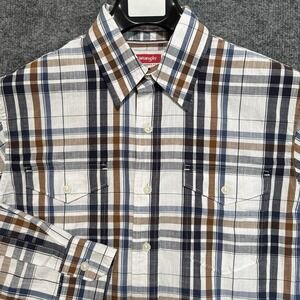 Wrangler Shirt Mens Small Plaid Button-Up Sawtooth Pockets Long Sleeve Western